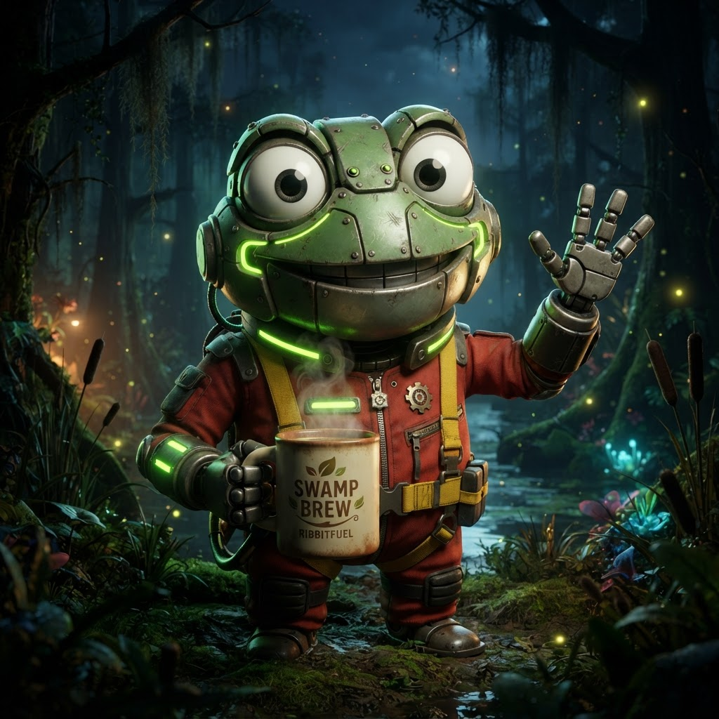 Robot toad holding a giant steaming coffee mug and waving