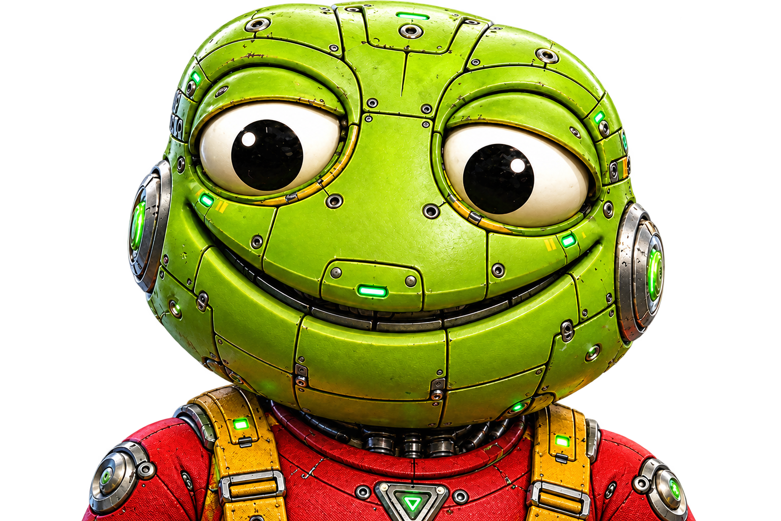 TOADBOT, a robotic toad with a green armored head and red jumpsuit